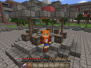 A member of the research team stands by the cornucopia of an HG arena. Screenshot by Meghan Overbury